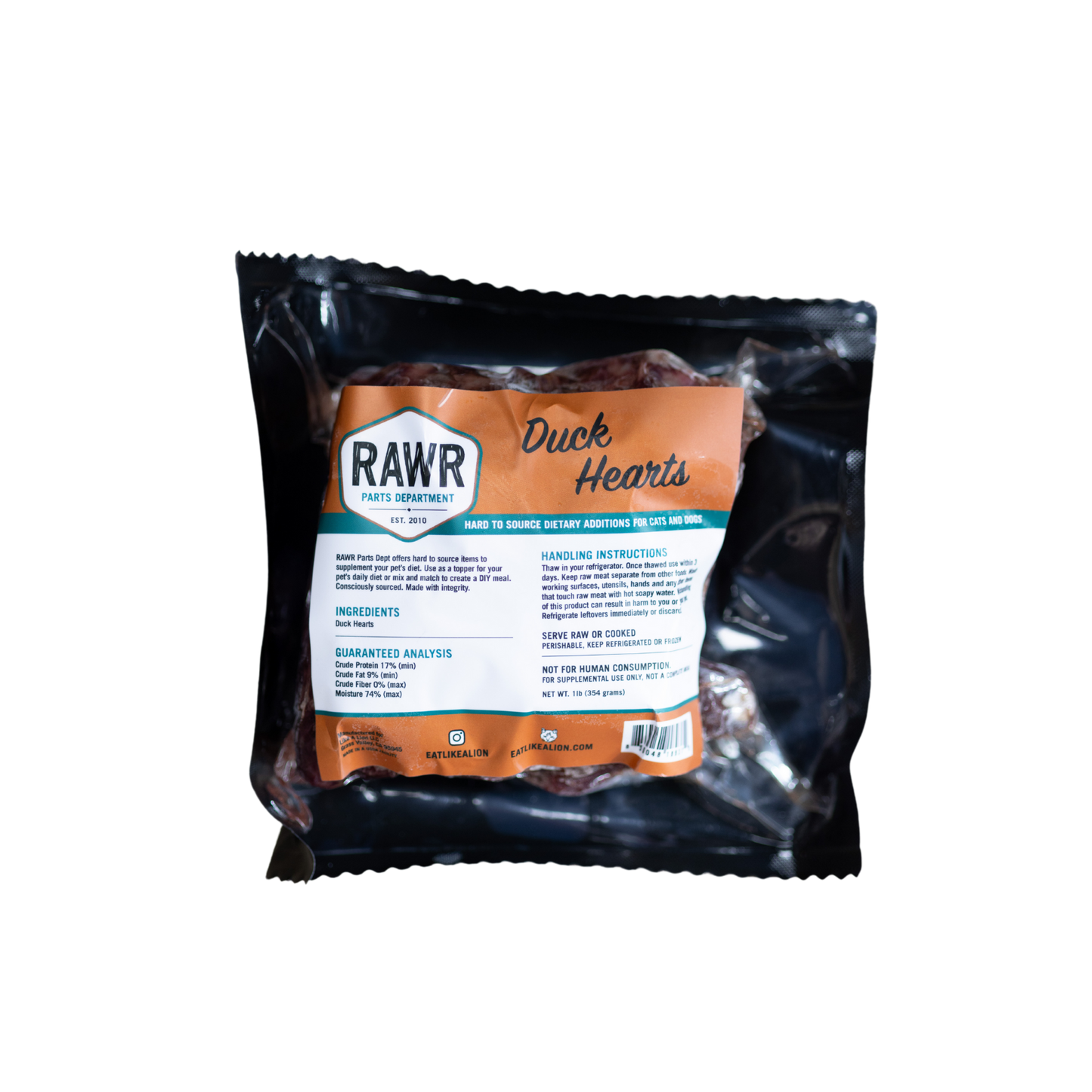 Rawr Frozen Raw Duck Hearts for Dogs & Cats