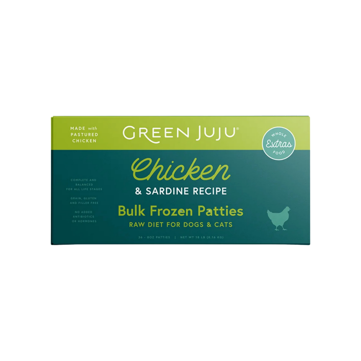 Green Juju Chicken & Sardine Frozen Sliders Bulk Box, 18lb