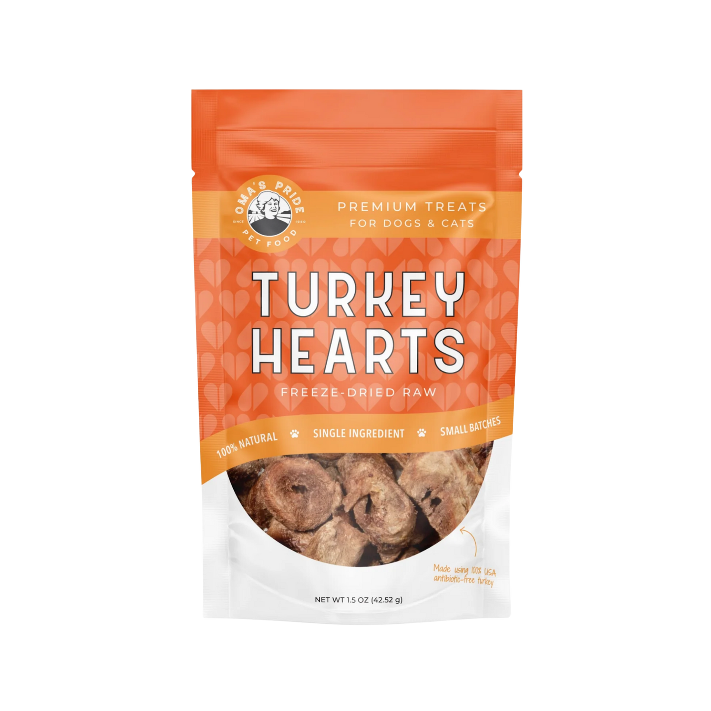 Oma's Pride Freeze-Dried Turkey Hearts for Dogs & Cats, 1.5oz