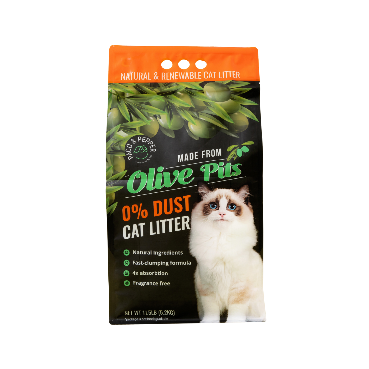 Paco & Pepper Made from Olive Pits 0% Dust Natural Unscented Clumping Cat Litter