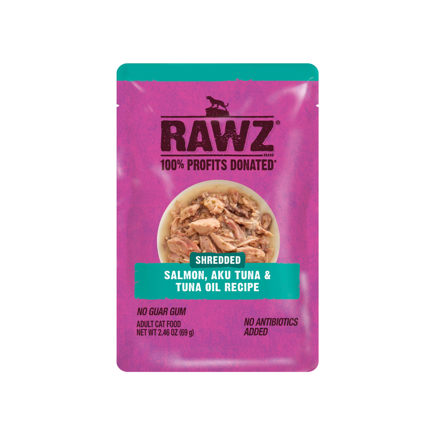 Rawz Shredded Pouch Salmon, Aku Tuna & Tuna Oil Wet Cat Food, 2.46oz