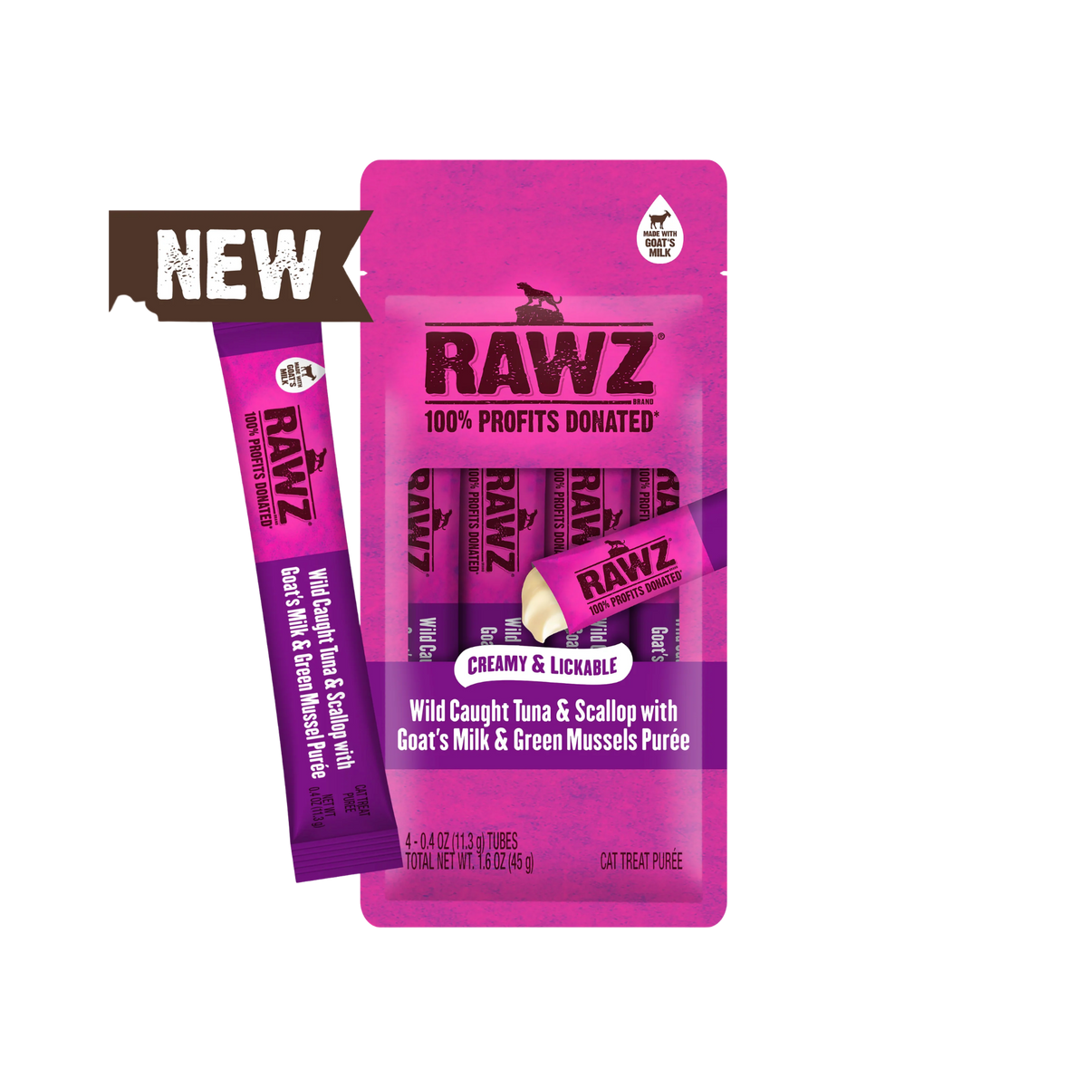 Rawz Wild Caught Tuna & Scallop with Goat's Milk & Green Mussels Lickable Treat for Cats, 4pck