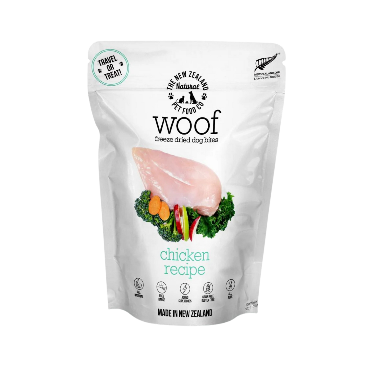 The New Zealand Natural Pet Food Co. Woof Freeze-Dried Chicken Recipe for Dogs, 1.76oz