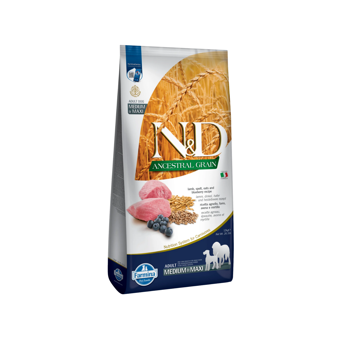 Farmina N&D Lamb & Blueberry Ancestral Grains Adult Medium & Maxi Dry Dog Food