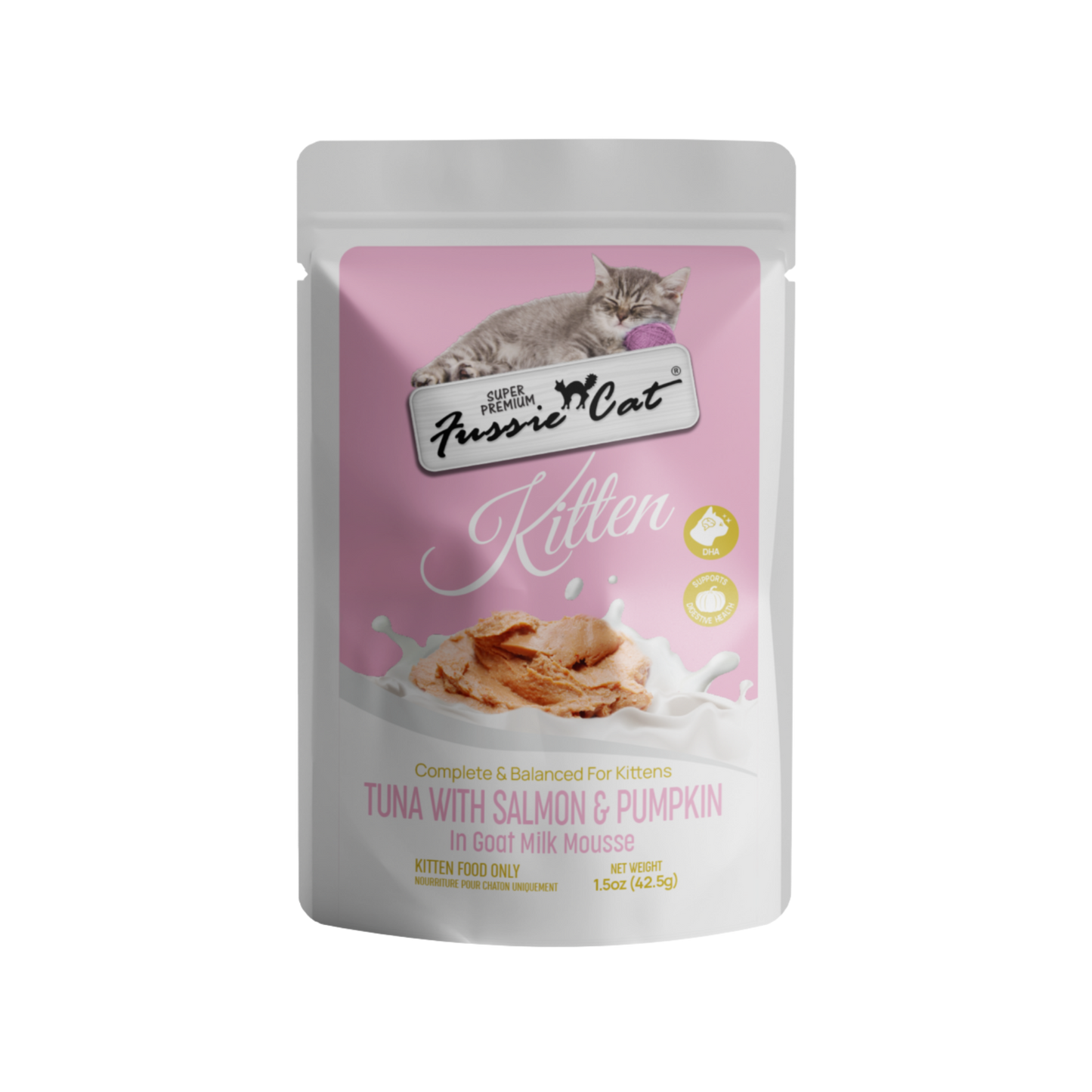 Fussie Cat Tuna with Salmon & Pumpkin in Goat Milk Mousse Kitten Pouch, 1.5oz