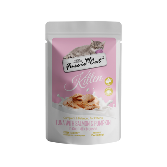 Fussie Cat Tuna with Salmon & Pumpkin in Goat Milk Mousse Kitten Pouch, 1.5oz