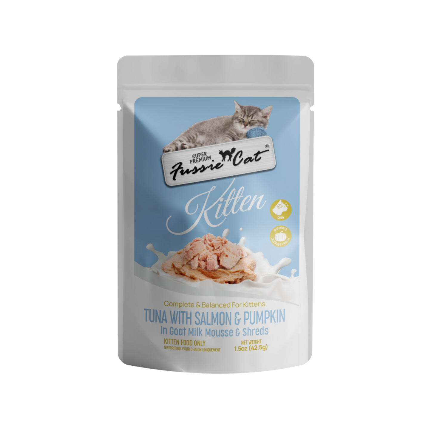 Fussie Cat Tuna with Salmon & Pumpkin in Goat Milk Mousse and Shreds Kitten Pouch, 1.5oz