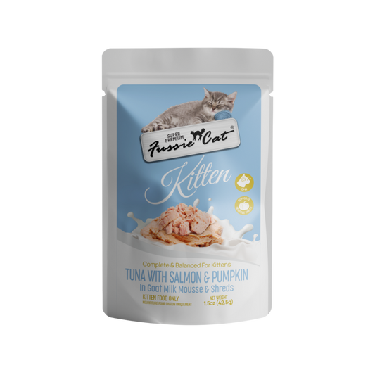 Fussie Cat Tuna with Salmon & Pumpkin in Goat Milk Mousse and Shreds Kitten Pouch, 1.5oz
