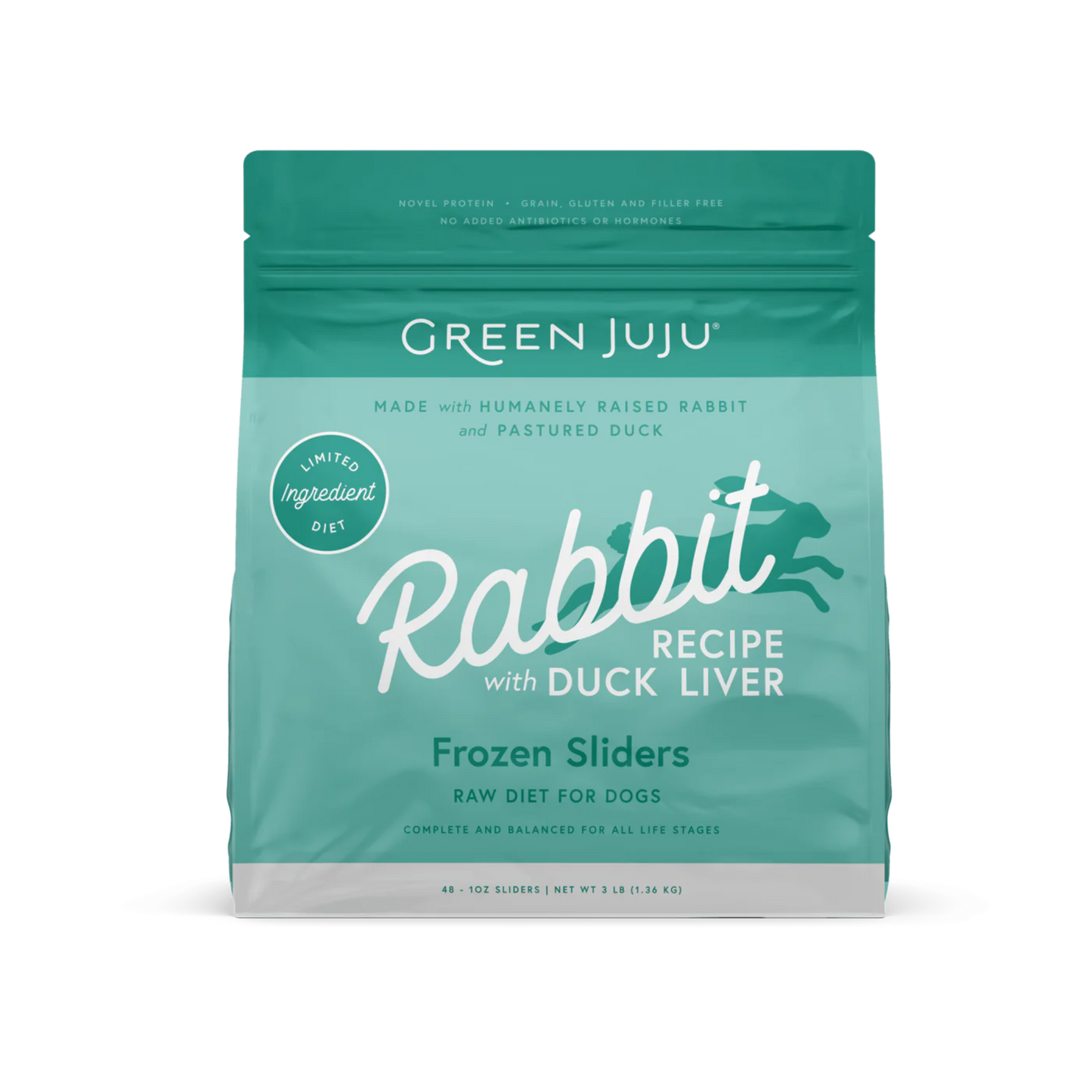 Green Juju Rabbit Recipe with Duck Liver Frozen Patties & Sliders Raw Dog Food