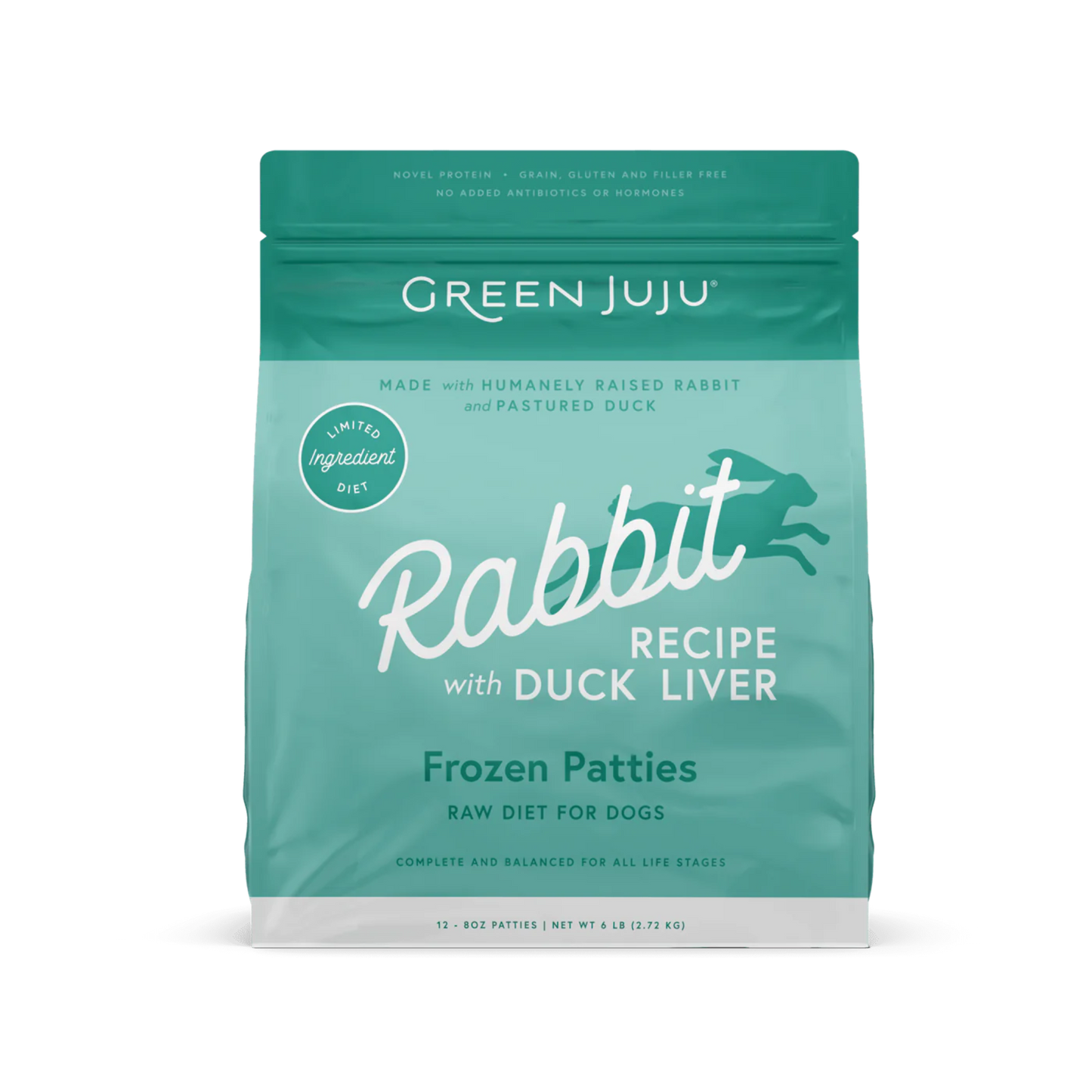 Green Juju Rabbit Recipe with Duck Liver Frozen Patties & Sliders Raw Dog Food