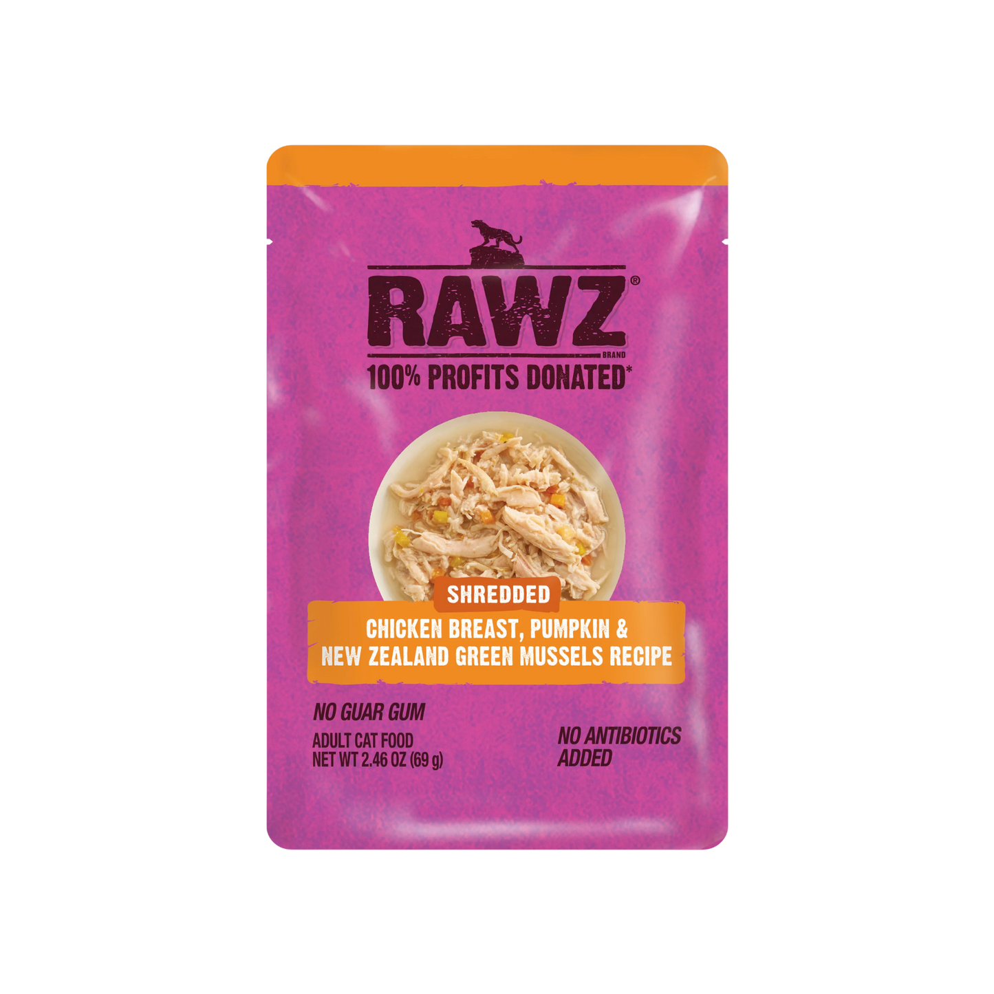 Rawz Shredded Pouch Chicken Breast, Pumpkin & New Zealand Green Mussels Wet Cat Food, 2.46oz
