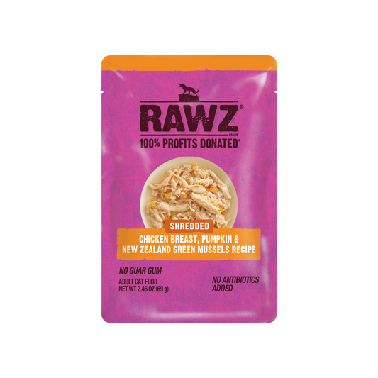 Rawz Shredded Pouch Chicken Breast, Pumpkin & New Zealand Green Mussels Wet Cat Food, 2.46oz