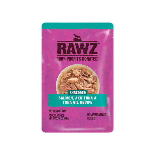 Rawz Shredded Pouch Salmon, Aku Tuna & Tuna Oil Wet Cat Food, 2.46oz