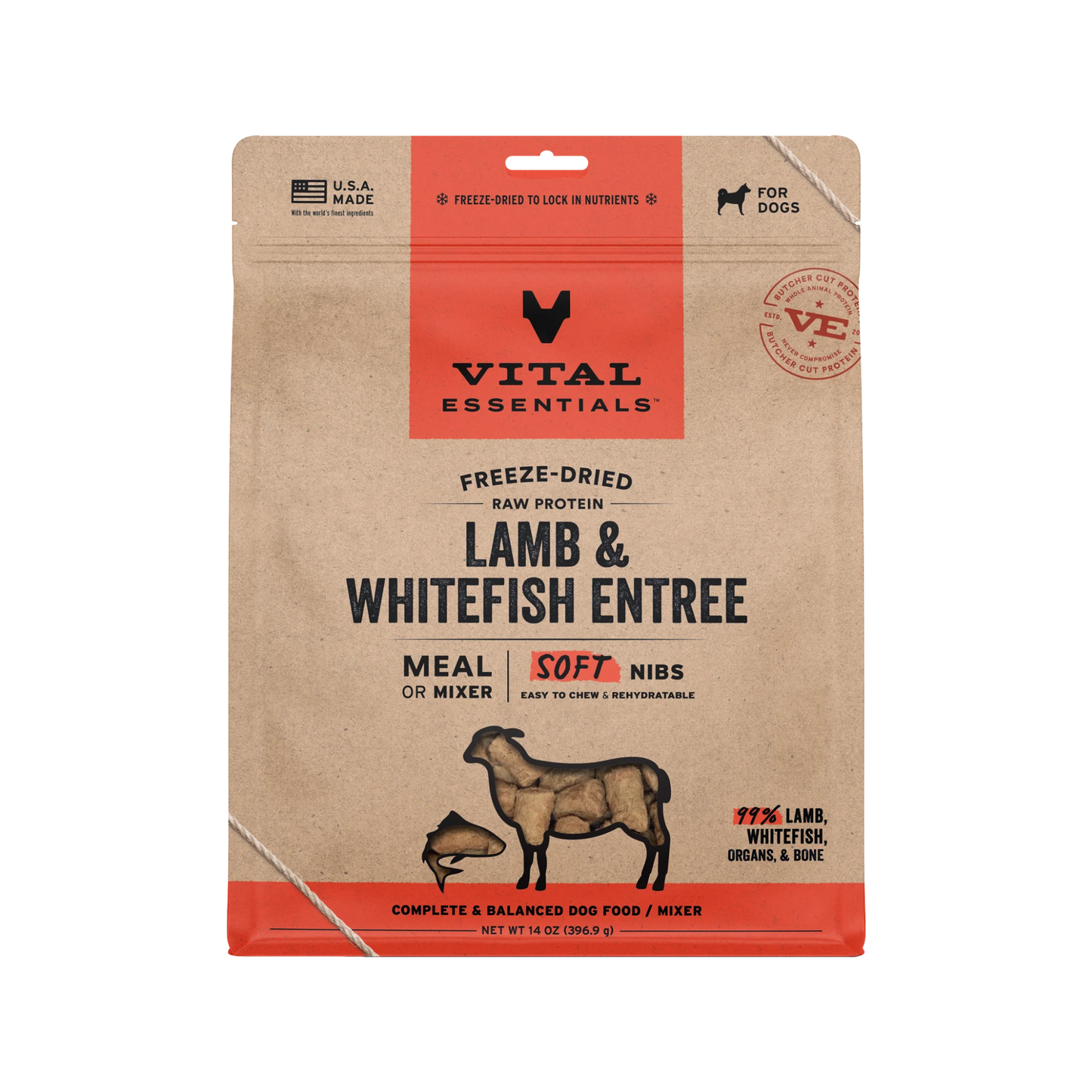 Vital Essentials Freeze-Dried Raw Lamb & Whitefish Entree Soft Nibs Meal or Mixer for Dogs