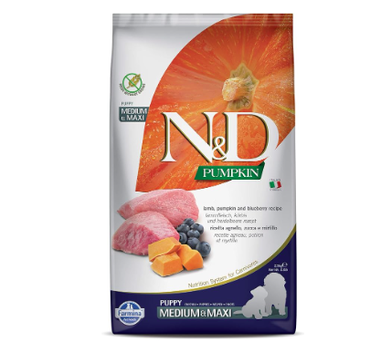 FARMINA N&D Medium & Maxi Adult Grain-Free Lamb, Pumpkin and Blueberry Recipe Dry Dog Food, 5.5 lb Bag